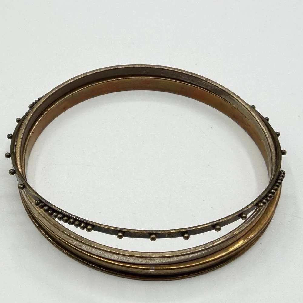 Brass Tone Multi Band Bangle Bracelet Beaded Dot Boho Tribal Statement Jewelry